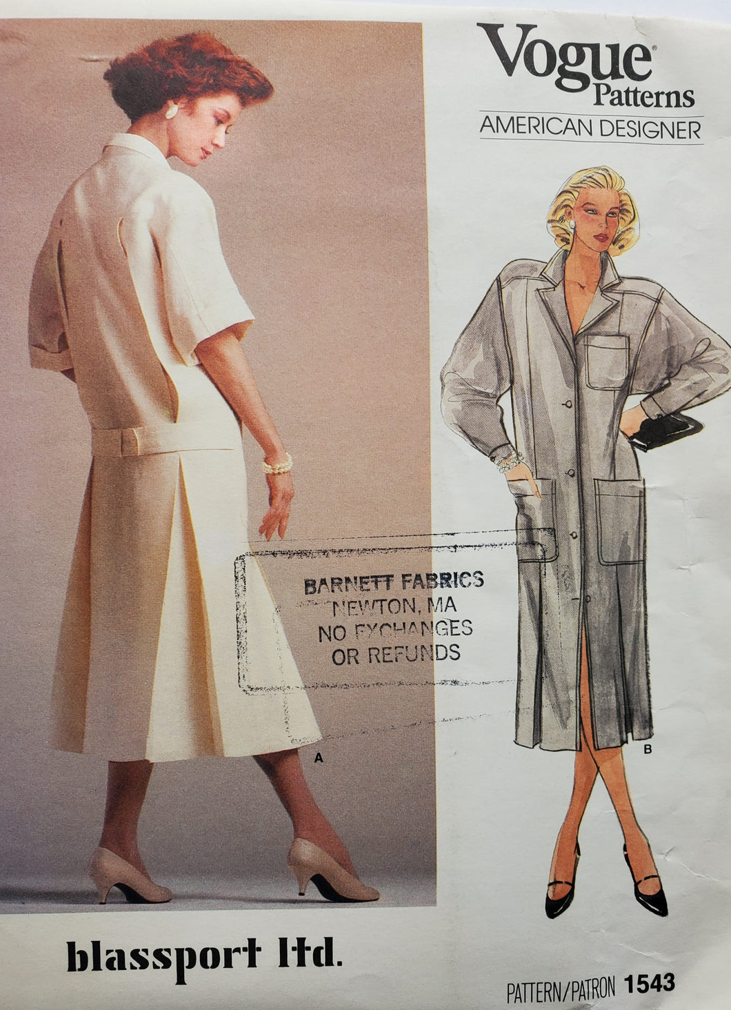 Vogue Pattern 1543, UNCUT, UNUSED American Designer Blassport, Misses Dress, Size 12