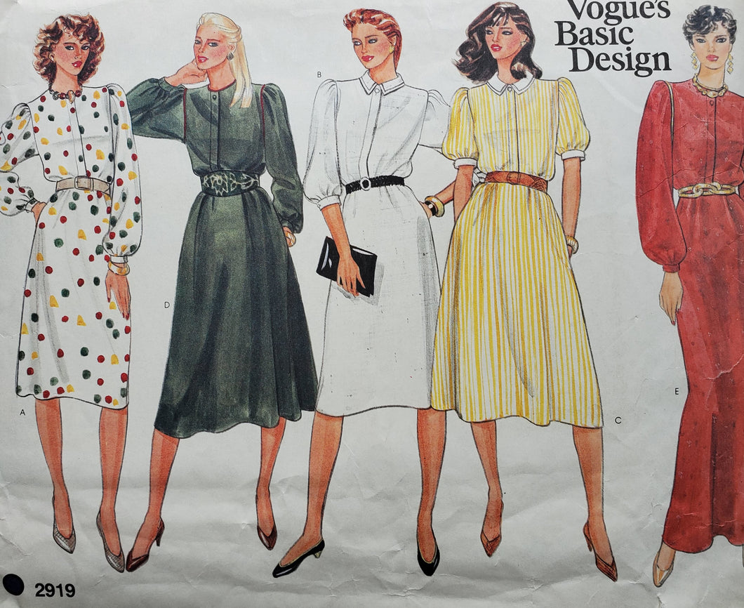 Vintage Vogue 2919, UNCUT, UNUSED Basic Design, Misses Dresses Size 8