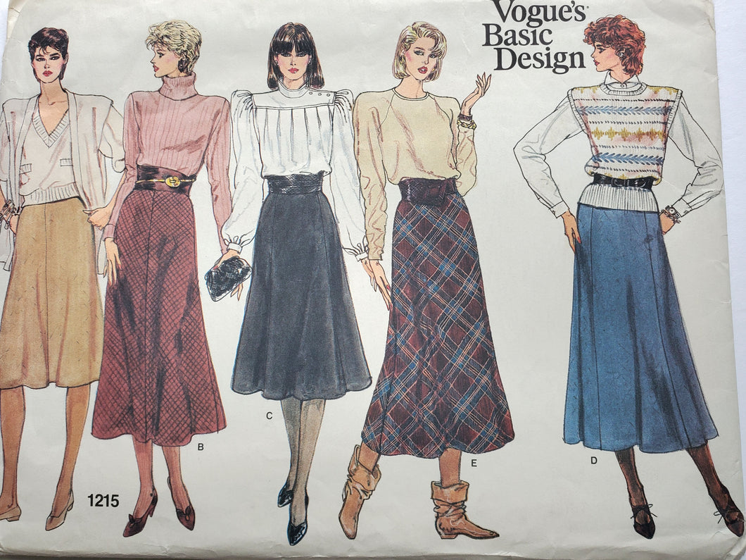 Vogue 1215, UNCUT, UNUSED Basic Design, Misses Skirts Size 6-8-10