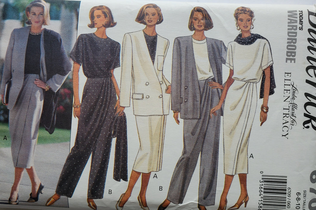 Butterick Pattern 6709, UNCUT, Designer Ellen Tracy, Misses Jacket, Top, Skirt and Pants, Shawl, Size 6-8-10