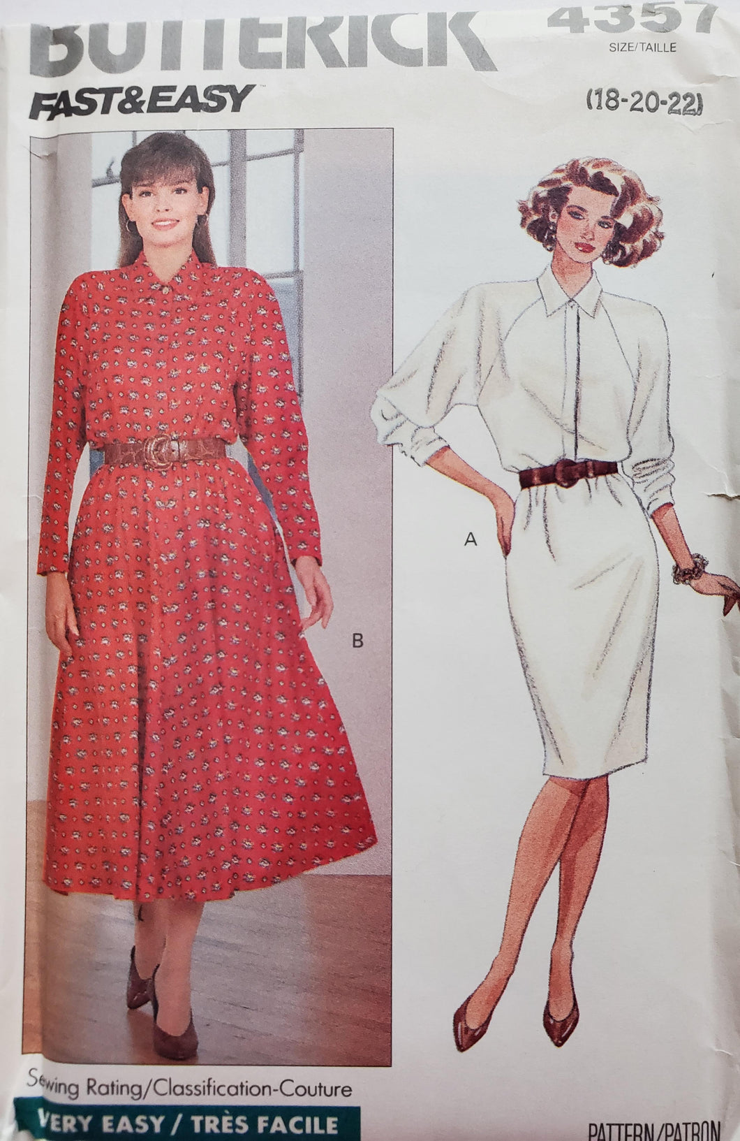 Butterick 4357 UNCUT, UNUSED Fast and Easy Dress with Raglan Sleeves, Size 18-20-22