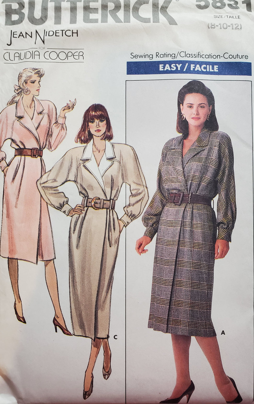 Butterick 5831 UNCUT, UNUSED Designer Jean Nidetch, Wrap Dress with Notched Collar, Size 8-10-12