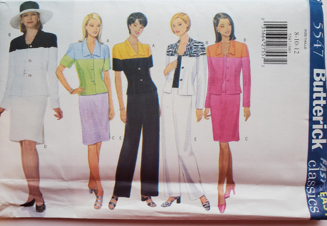 Butterick 5547 UNCUT, UNUSED Classics, Very Easy, Skirt, Jacket, Top and Pants, Size 8-10-12