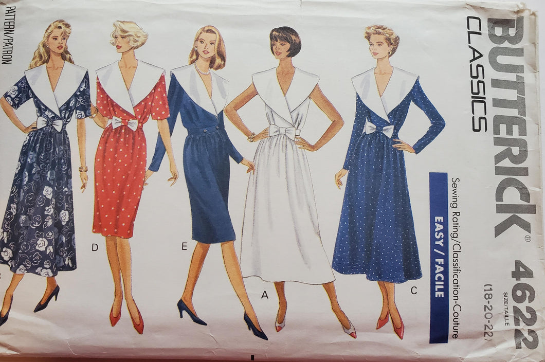 Butterick 4622, Classics, UNCUT, UNUSED Five Mock Wrap Dress Designs,Size 18-20-22