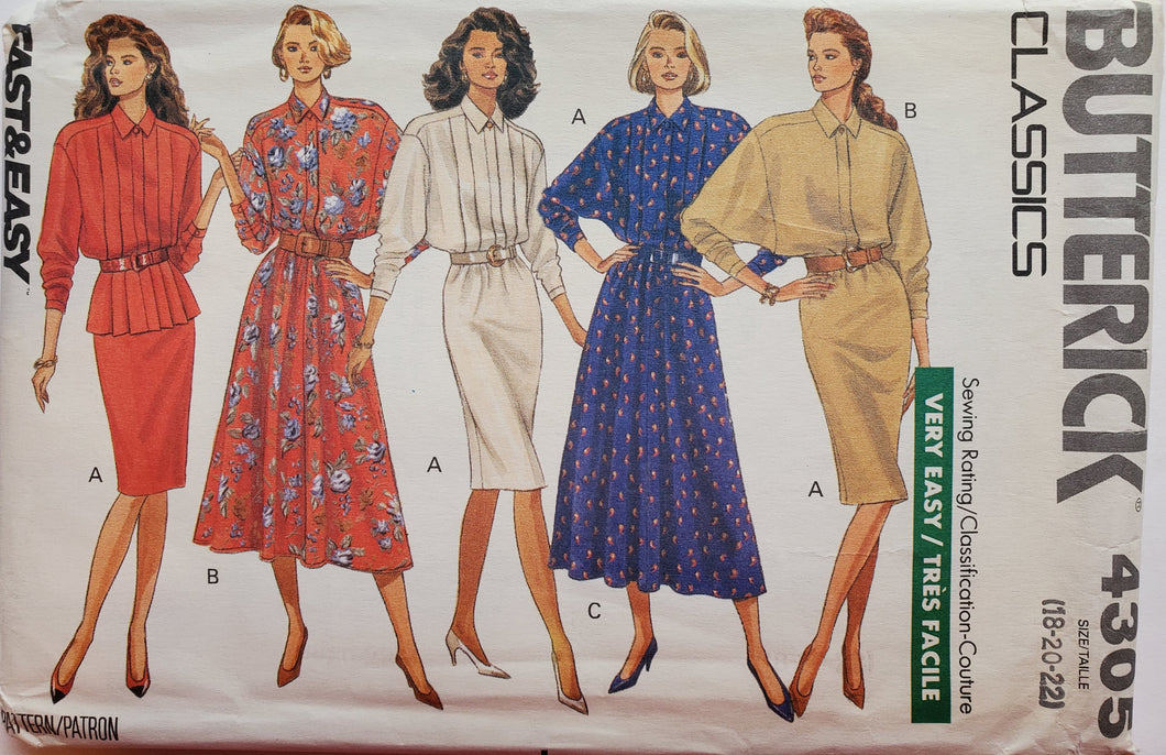 Butterick 4305 UNCUT, UNUSED Classics, Fast & Easy, Skirt and Blouse, Size 18-20-22