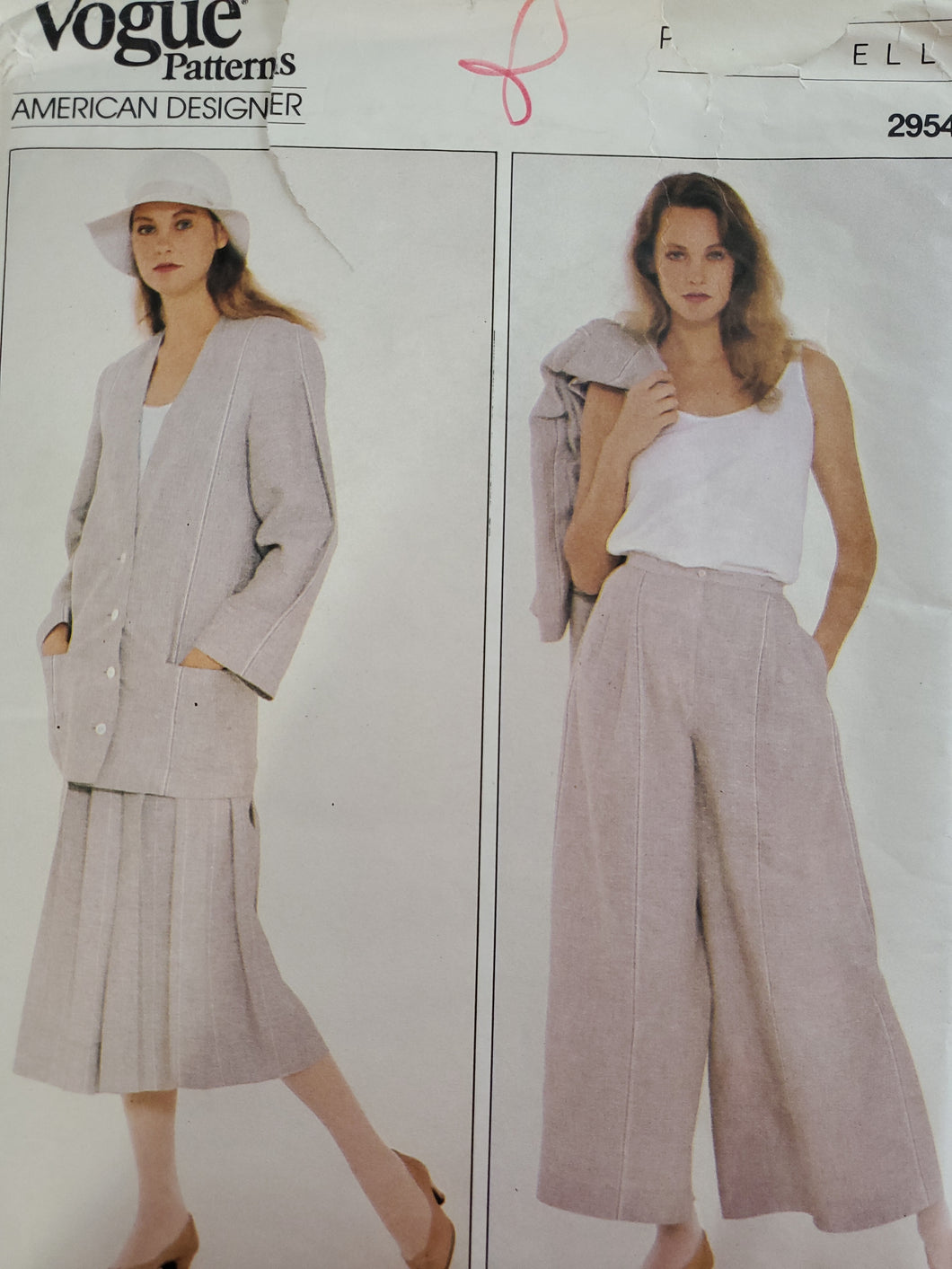 Vintage American Designer Vogue 2954, UNCUT, Misses Jacket, Skirt, Tank and Wide Leg Pants, Size 14