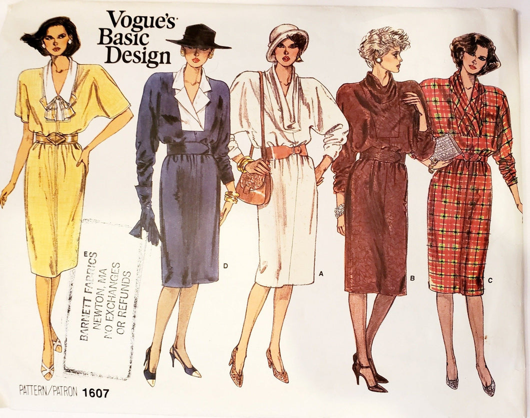 Vogue Pattern 1607, UNCUT, Basic Design Series, Dress Size 8-10-12