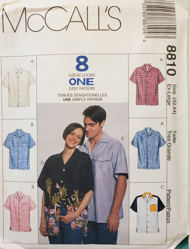 McCall's Pattern 8810, UNCUT, Men's and Women's Shirts 
