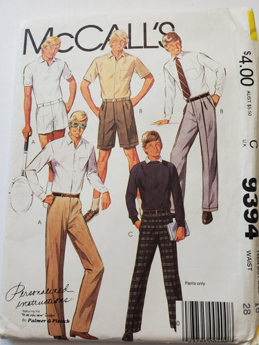 McCalls 9394, Men's Pants and Shorts, Size Teen Size 16, Vintage