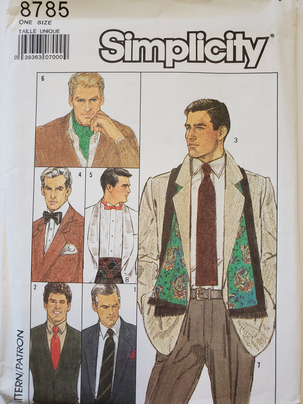Simplicity Pattern 8785 UNCUT Men's Ties, Scarves and Cumberbunds, All Sizes