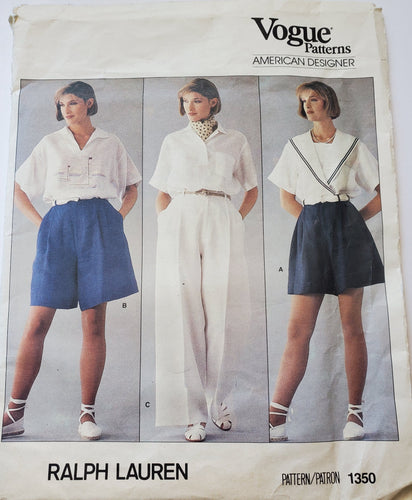 Vogue Pattern 1350, UNCUT, American Designer Ralph Lauren, Shorts and Pants Size 14, Vintage 