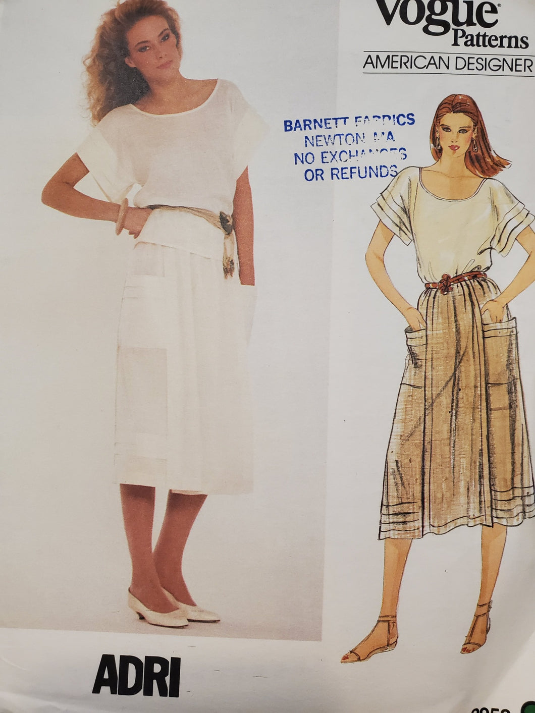 Vintage Vogue 2952 American Designer ADRI, UNCUT, Misses Skirt and Top Size 10
