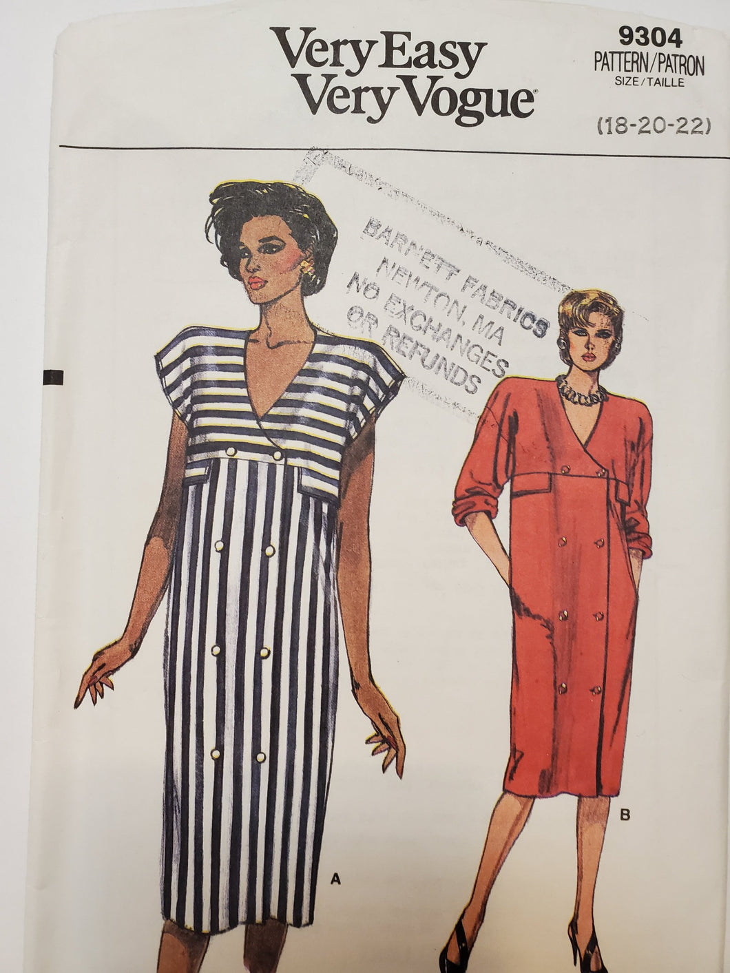 Vogue 9304, UNCUT, Dress Size 18-20-22, Vintage