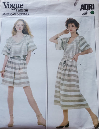 Vogue 2951, UNCUT, American Designer ADRI, Skirt and Top Size 8, Vintage