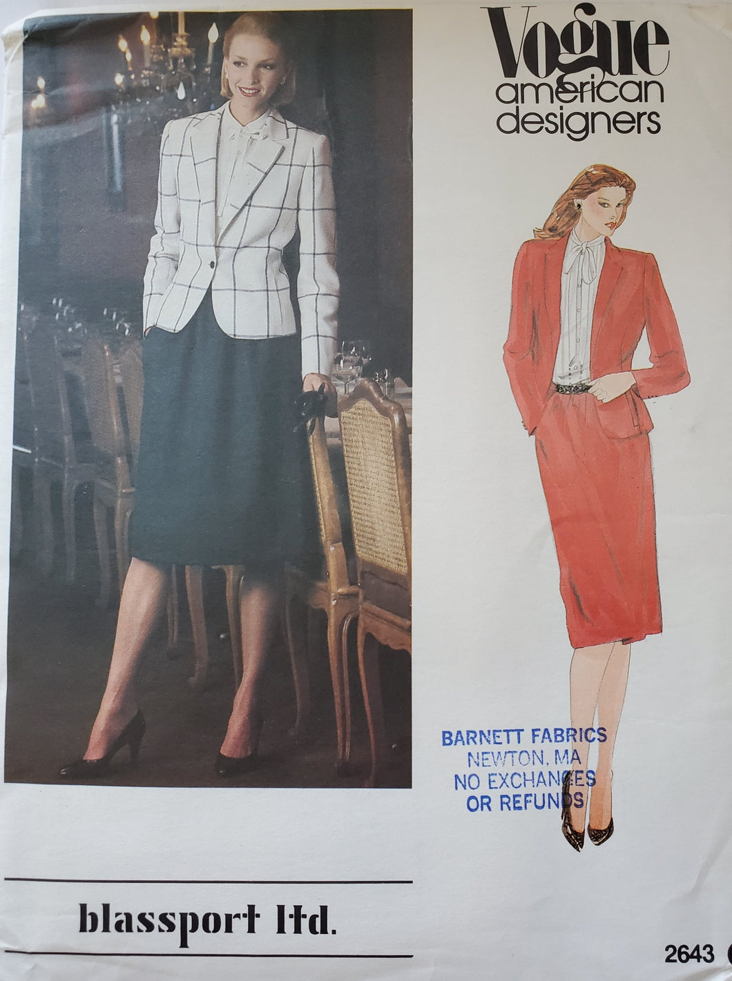 Vogue Pattern 2643, UNCUT, American Designer Blassport, Skirt and Blazer Size 10, Vintage