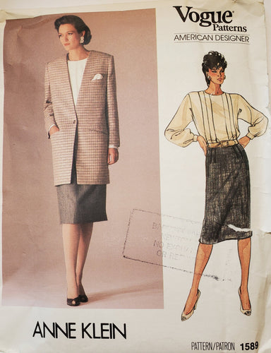 Vogue Pattern 1589, UNCUT, Vogue American Designer Anne Klein Vogue Skirt, Jacket and Top Size 10, Vintage & Rare