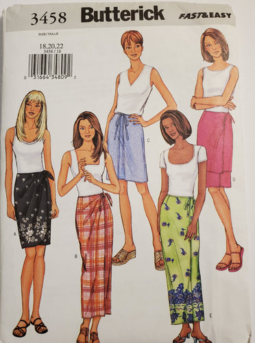 Butterick Pattern 3458, UNCUT, Women's Skirts Size 18-20-22, Vintage