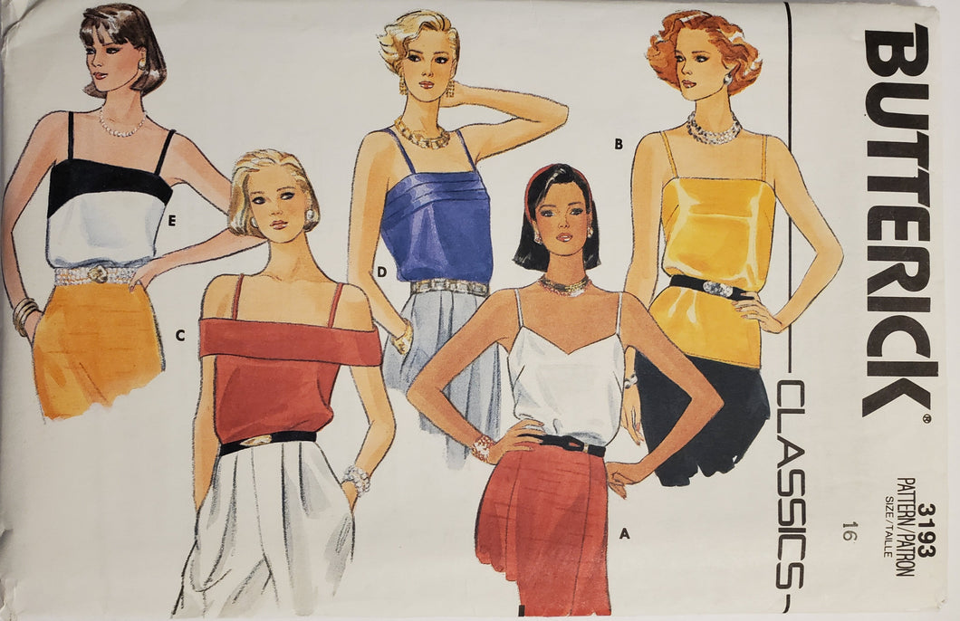 Butterick Pattern 3193, UNCUT, Women's Tops Size 16, Vintage 