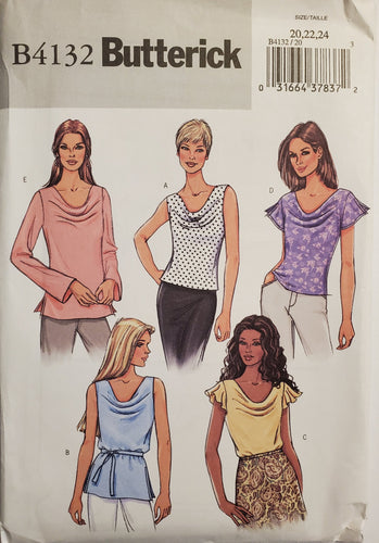 Butterick Pattern 4132, UNCUT, Women's Tops Size 20-22-24, Vintage