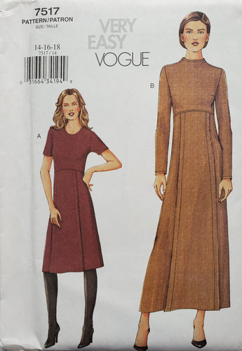 Vogue Pattern 7517, UNCUT, Easy Vogue Dress Size 14-16-18, Vintage