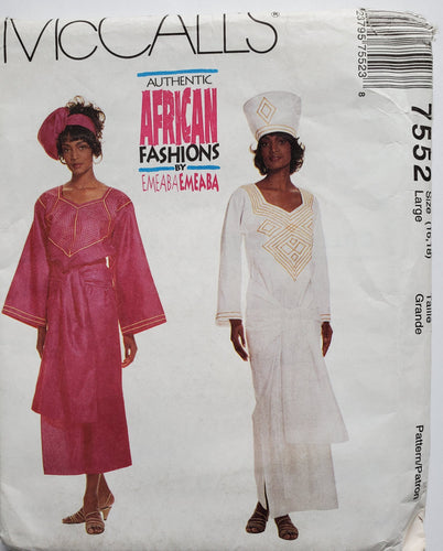 McCall's Pattern 7552, UNCUT, African Fashions, Women's Dress, Top, Pants and Hat Size Large (16-18), Vintage & Rare
