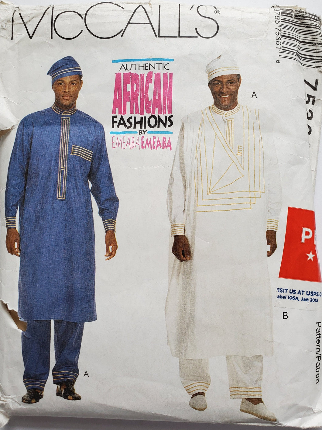 McCall's Pattern 7536, UNCUT, African Fashions, Men's Tunic, Pants and Hat Size Small, Very Rare