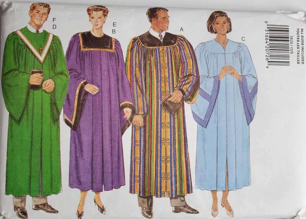 Butterick Pattern 3820, UNCUT, Unisex Robe and Collar, Vintage