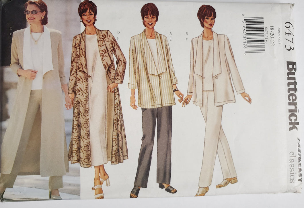 Butterick Pattern 6473, UNCUT, Jacket, Coat, Dress, Top and Skirt Size 18-20-22, Vintage