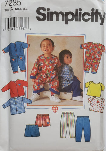 Simplicity 7231 UNCUT, Babies Jacket, Romper, Shorts, Pants and T-Shirt, Sizes NB-S-M-L, Vintage & Rare