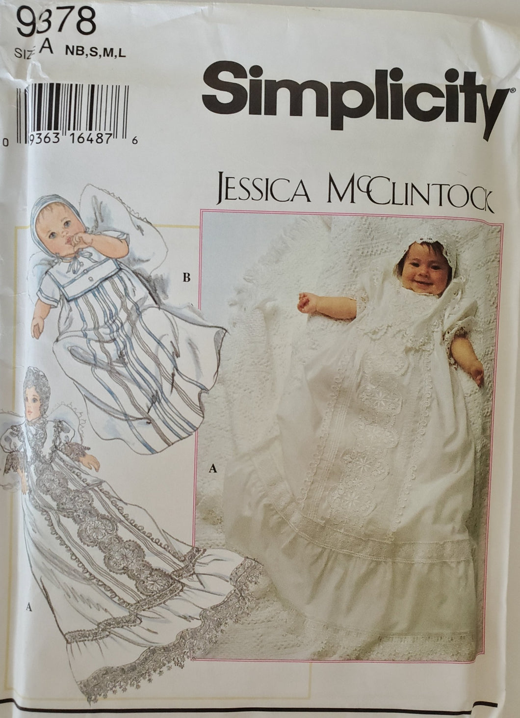 Simplicity 9378 UNCUT, Designer Jessica McClintock, Baby Christening Gowns, Slips and Bonnets, Vintage