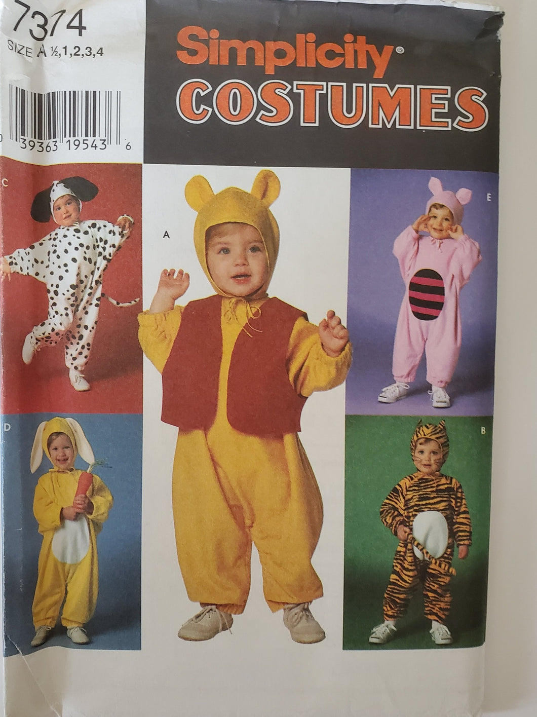 Simplicity 7374 UNCUT, Boy's and Girl's Animal Costumes, Sizes 1/2-1-2-3-4, Vintage