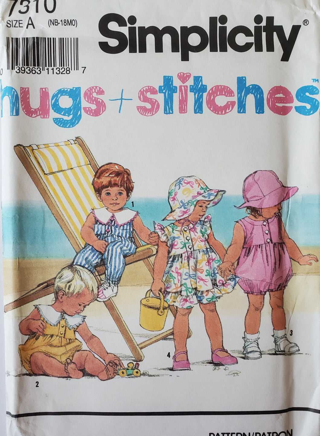 Simplicity 7310 UNCUT, Toddler's Dress, Romper and Hat, Size NB-18 months, Vintage