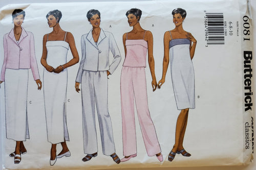 Vintage Butterick Pattern 6081, UNCUT, Misses Dress, Top, Jacket, Pants, Size 6-8-10