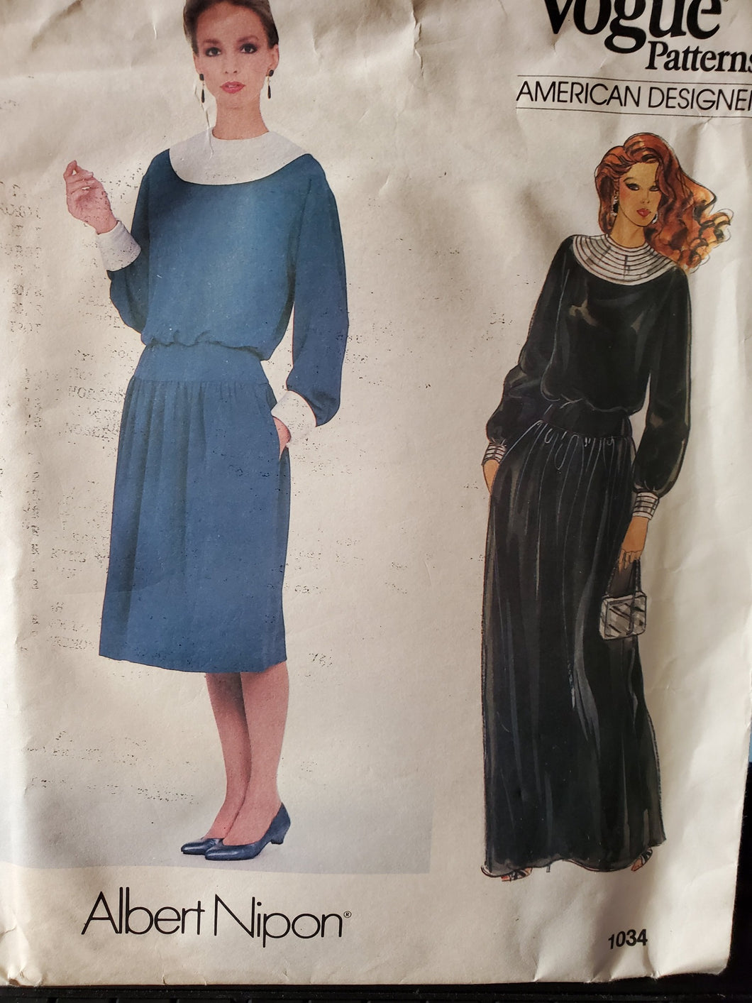 Vintage Vogue Pattern 1034, UNCUT, American Designer Albert Nipon, Misses Dress Size 16, Rare