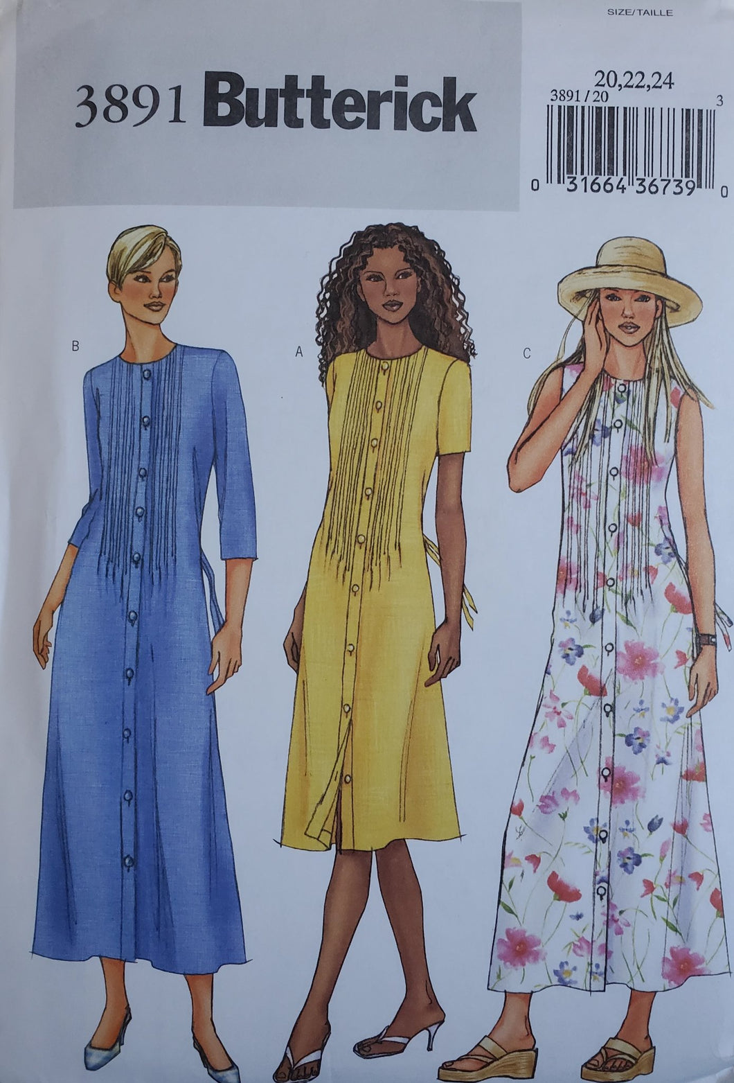 Vintage Butterick Pattern 3891, UNCUT, Misses Dresses, Sizes 20-22-24 