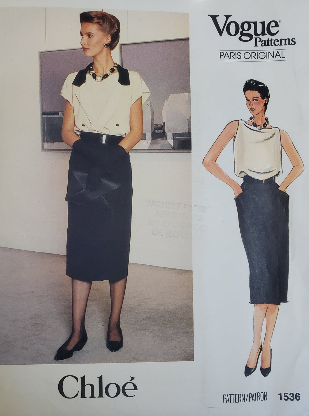 Vintage Vogue Pattern 1536 UNCUT Paris Original Chloe, Misses Skirt, Top and Jacket, Size 8