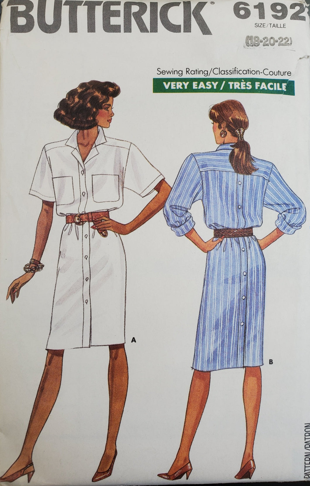 Butterick Pattern 6192, UNCUT, Very Easy Misses Shirtdress, Sizes 18-20-22