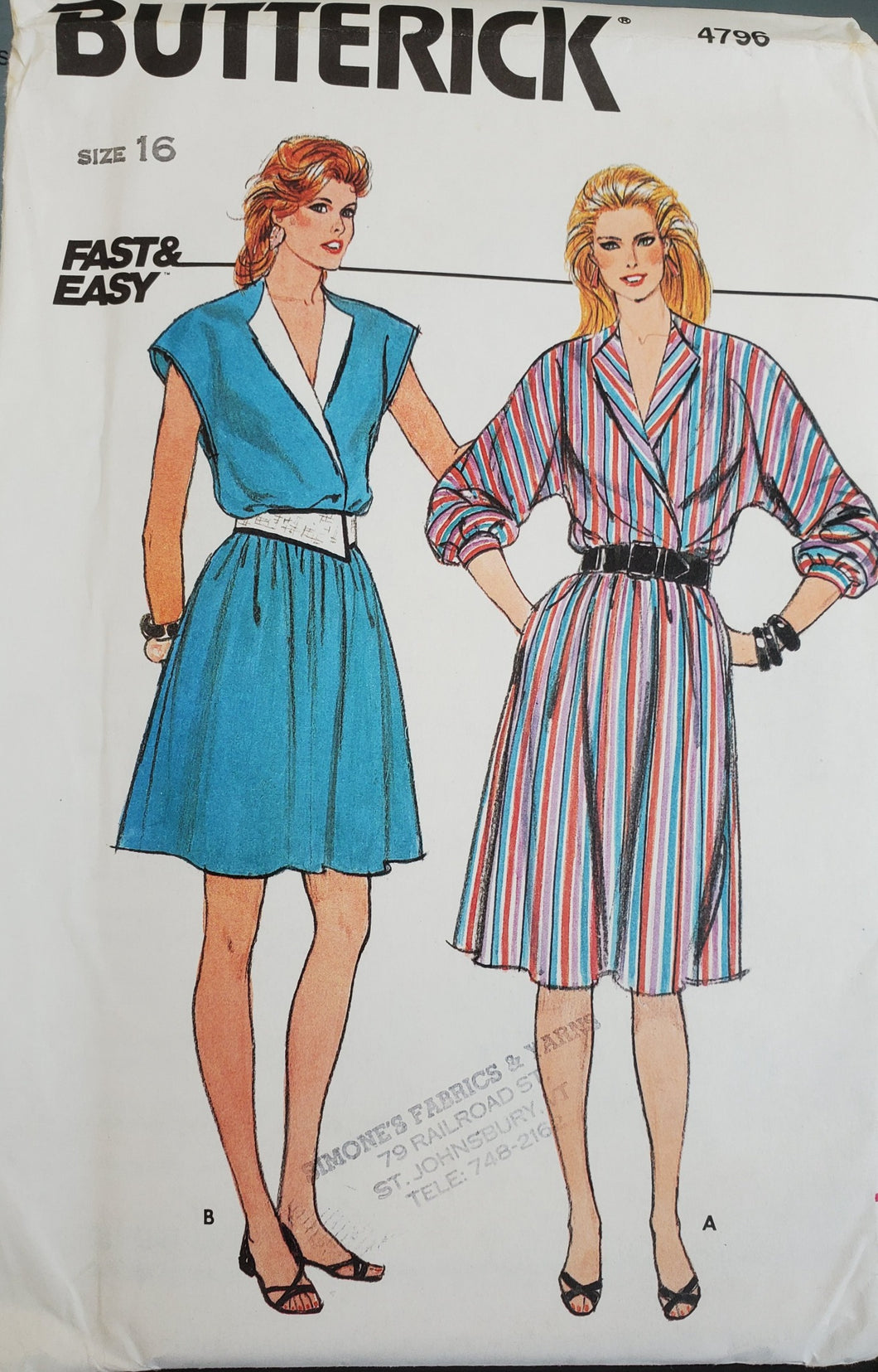Butterick Pattern 4796, UNCUT, Fast & Easy Misses Dresses, Size 16