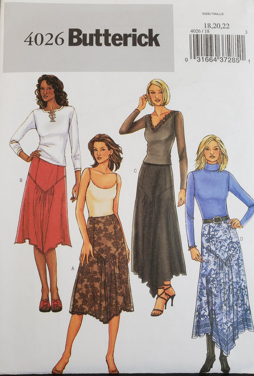 Butterick Pattern 4026, UNCUT, Misses Skirts, Size 18-20-22