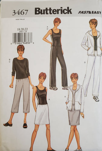 Butterick Pattern 3467, UNCUT, Misses Fast & Easy Sportswear, Sizes 18-20-22