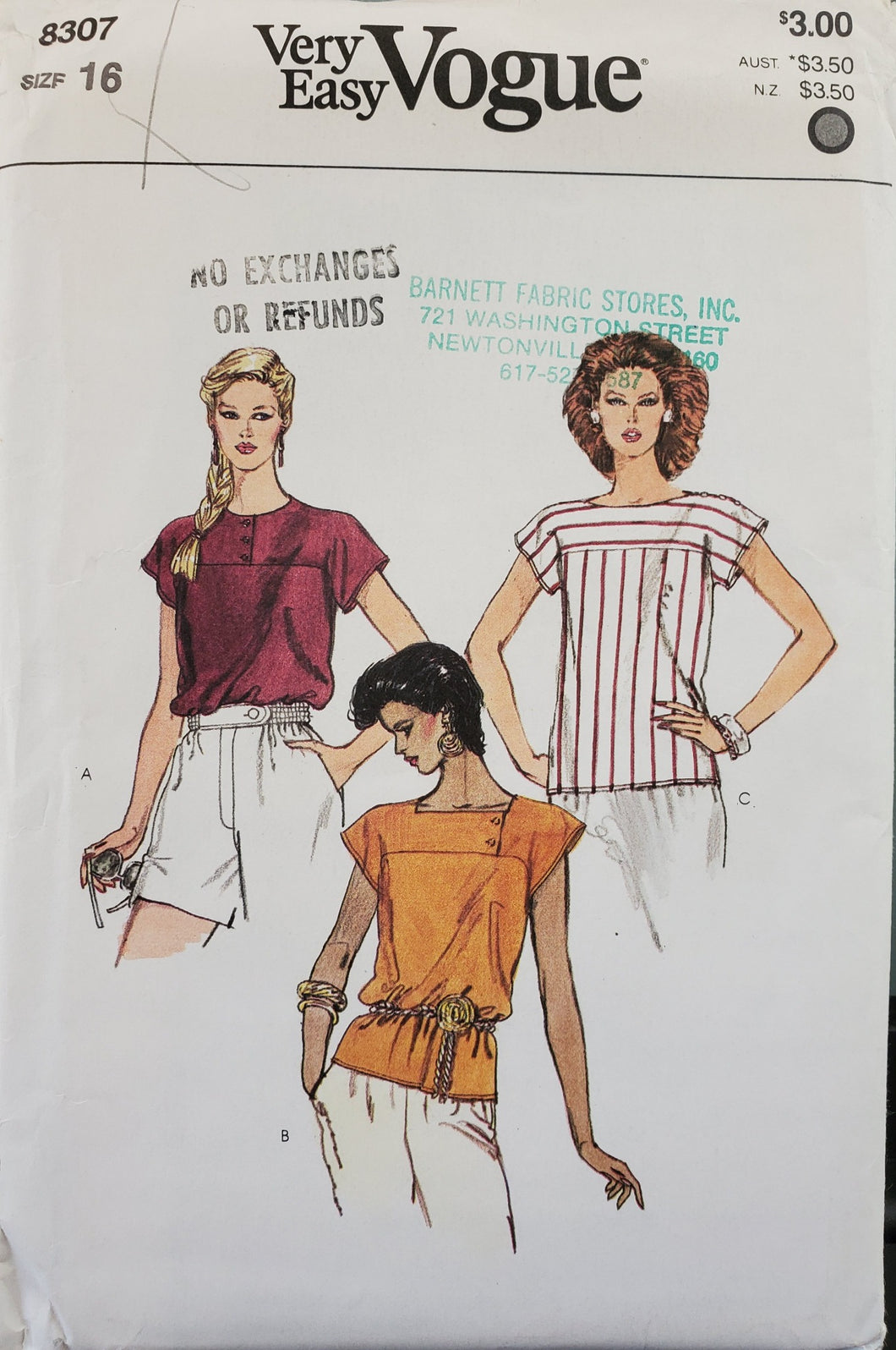 Vintage Vogue Pattern 8307, UNCUT, Tops, Misses Size 16