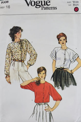 Vintage Vogue Pattern 8308, UNCUT, Blouses, Misses Size 16