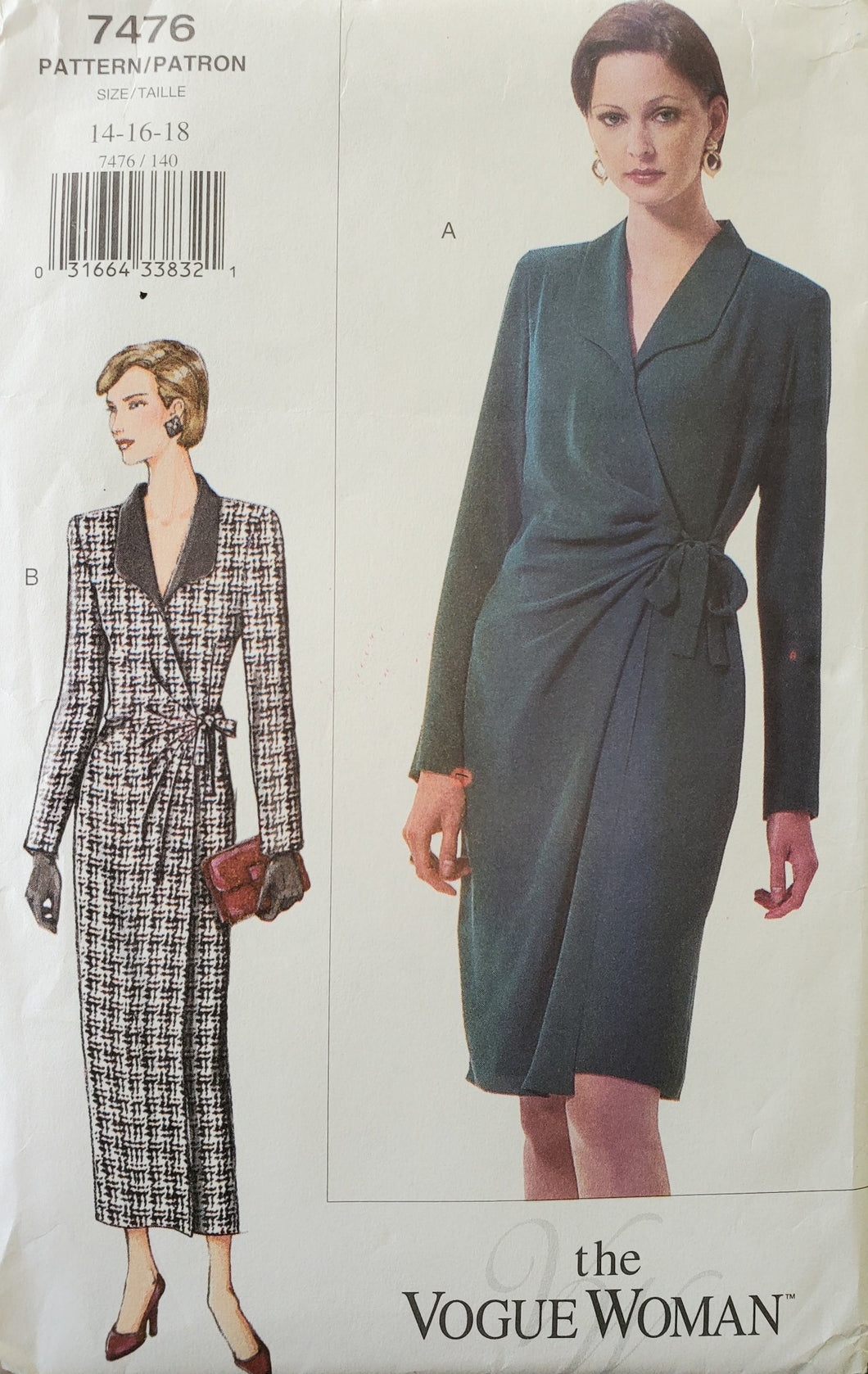 Vintage Vogue 7476 Semi-fitted Wrap Dress, Misses Size 14-16-18