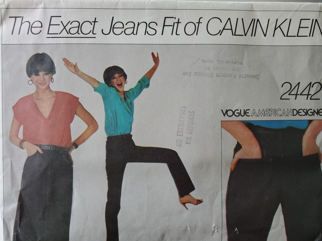 Vintage Vogue Pattern 2442, UNCUT, Calvin Klein Jeans and Skirt, Misses Size 12