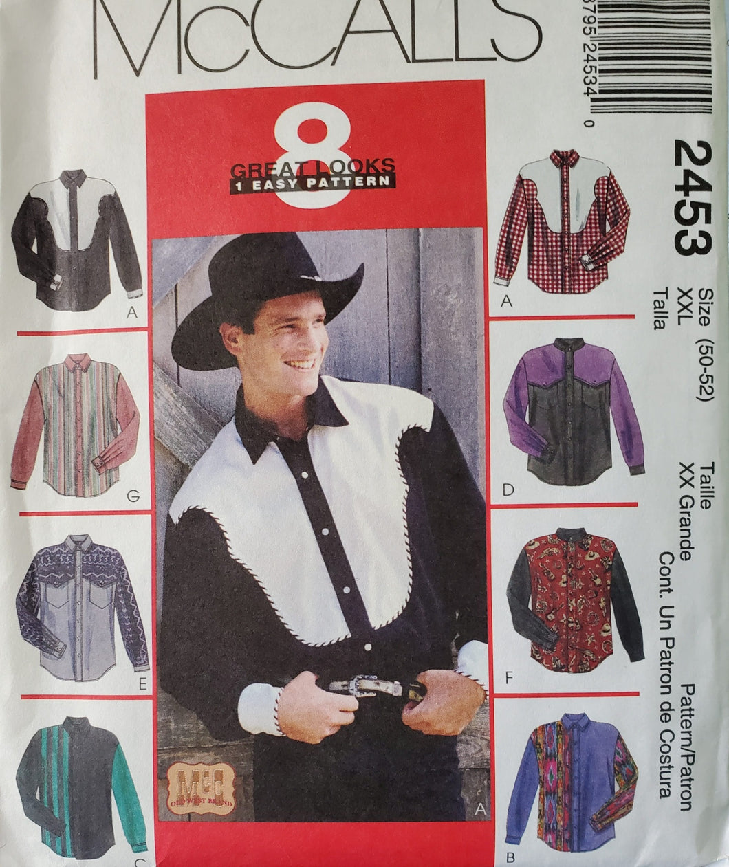Vintage McCalls 2453 UNCUT, UNUSED Cowboy Shirts, Men's XXL