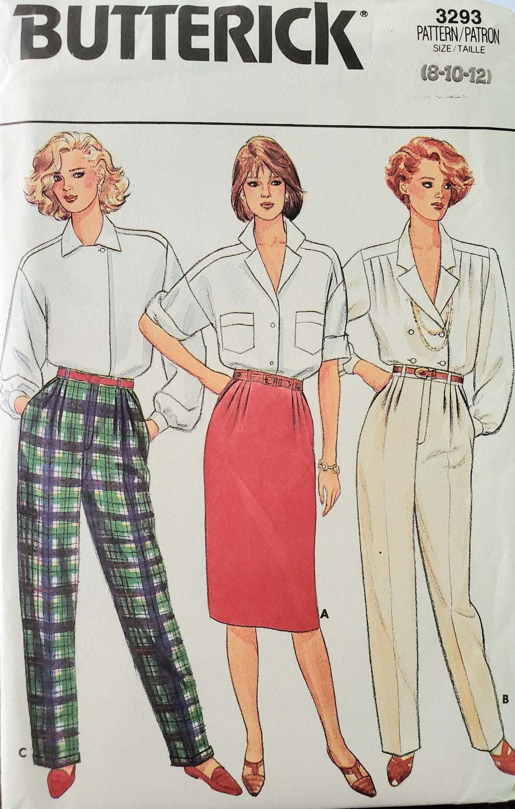Butterick 3293 UNCUT, Misses Pleated Pants and Skirts, Sizes 8-10-12
