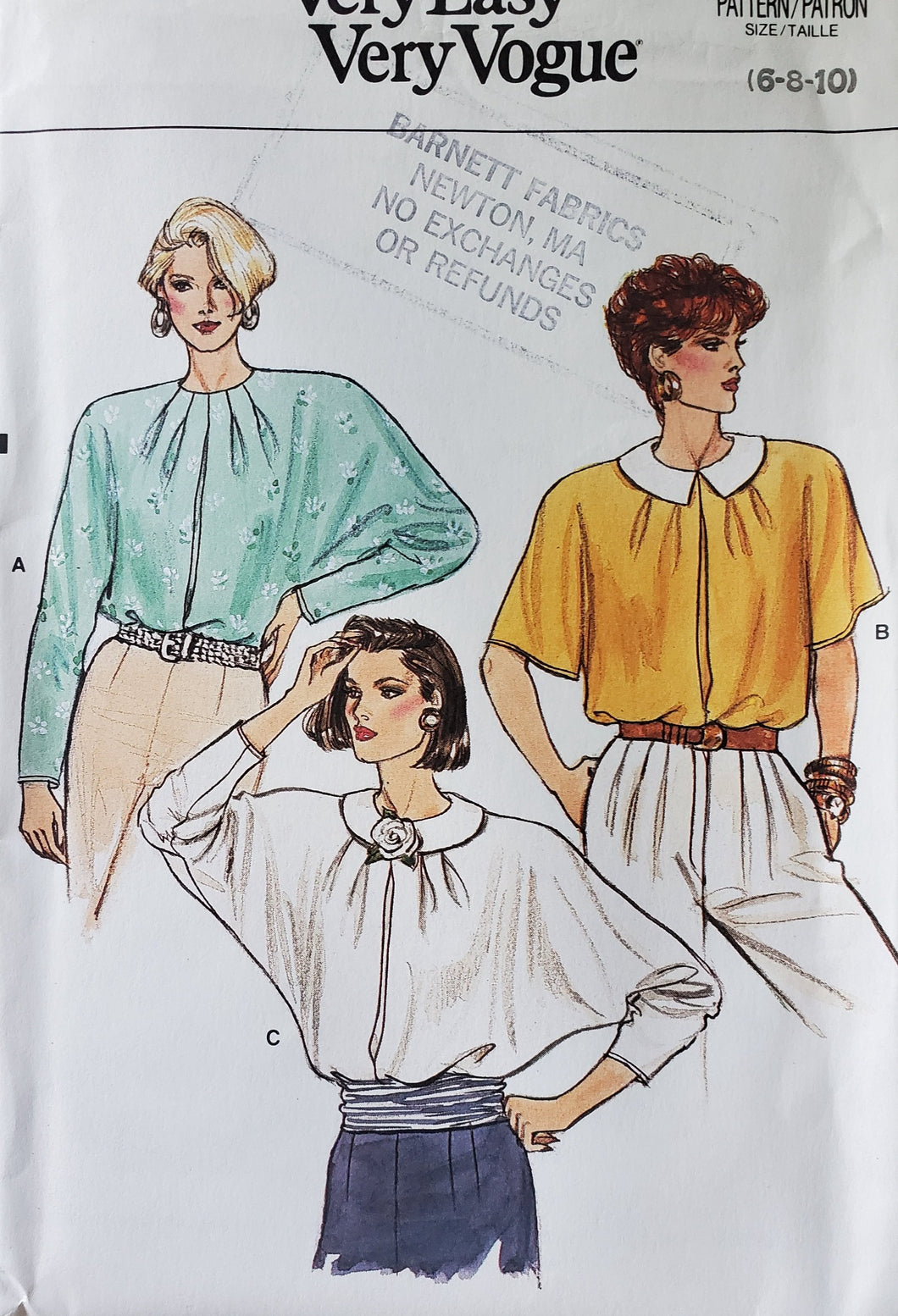 Vintage Vogue Pattern 9500, UNCUT, Misses Blouses, Size 6-8-10