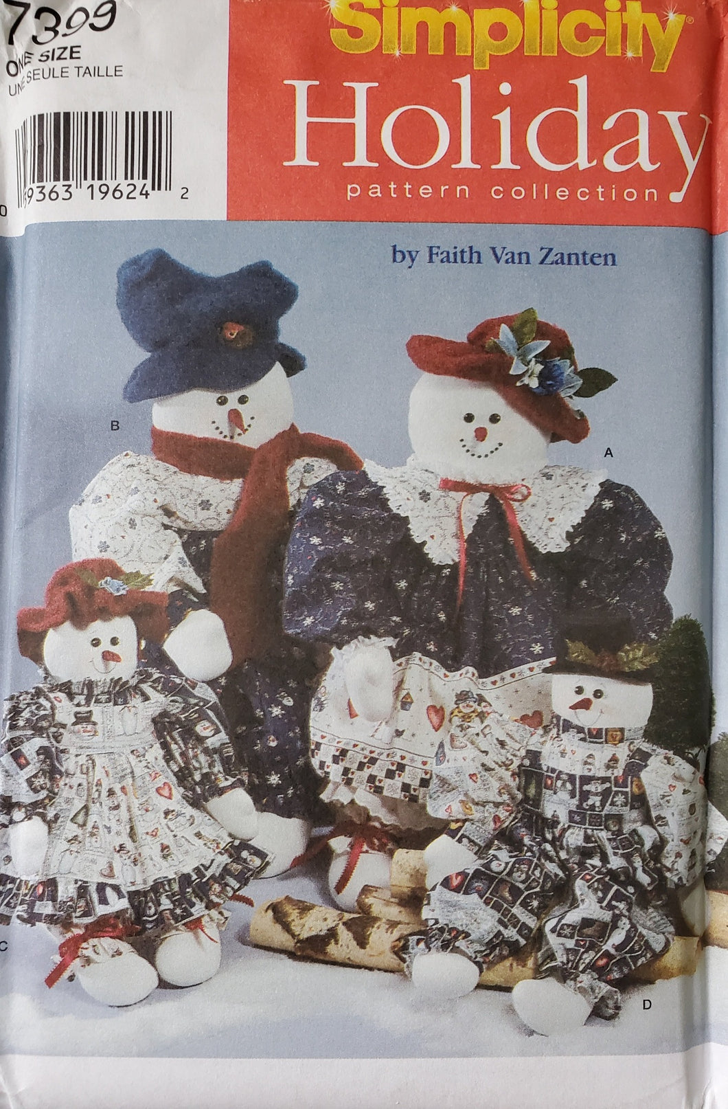 Vintage Simplicity 7399, UNCUT, Faith Van Zanten Dressed Snowman Family Dolls