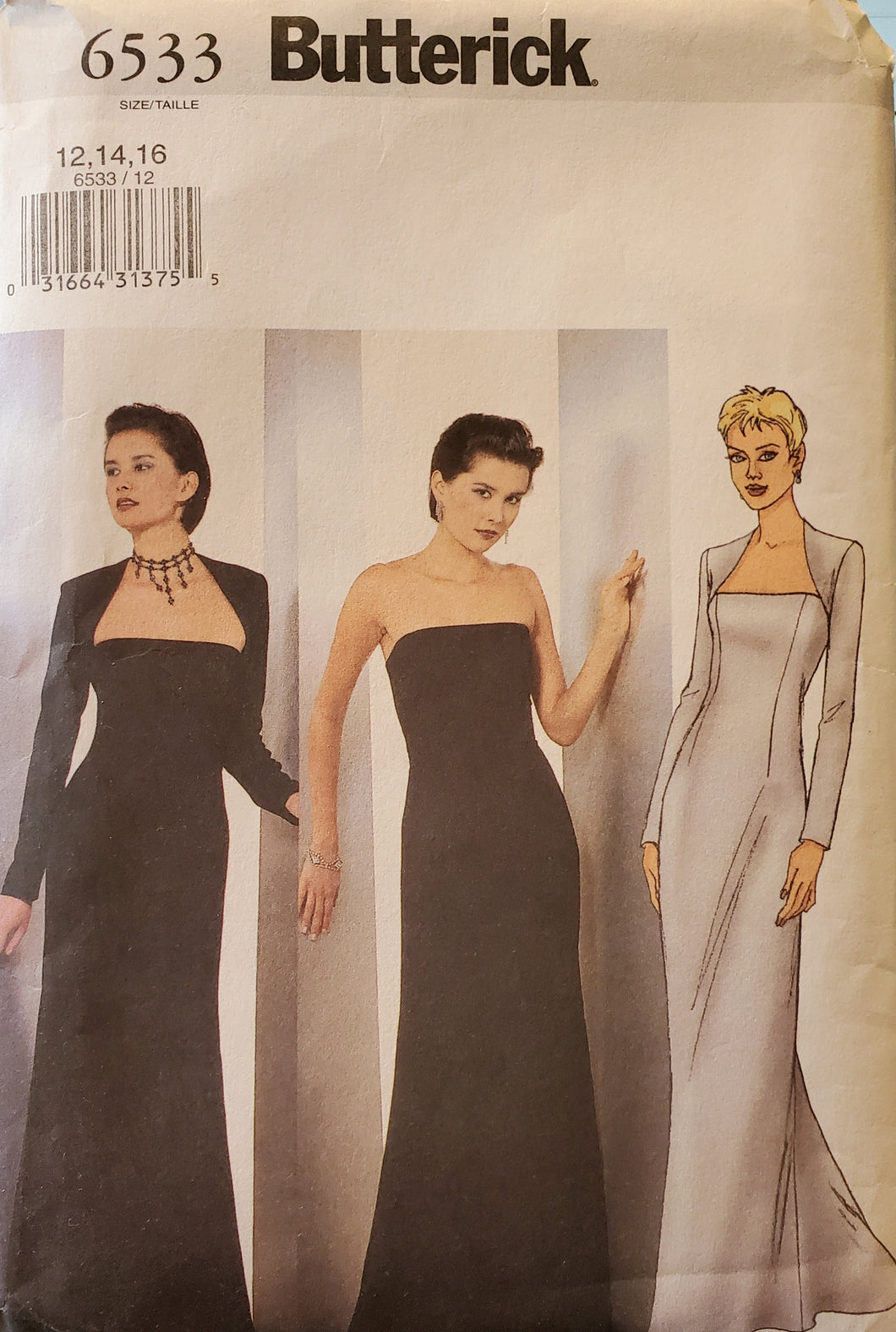 Butterick 6533  Formal Dress with Shrug, UNCUT, Size 12-14-16