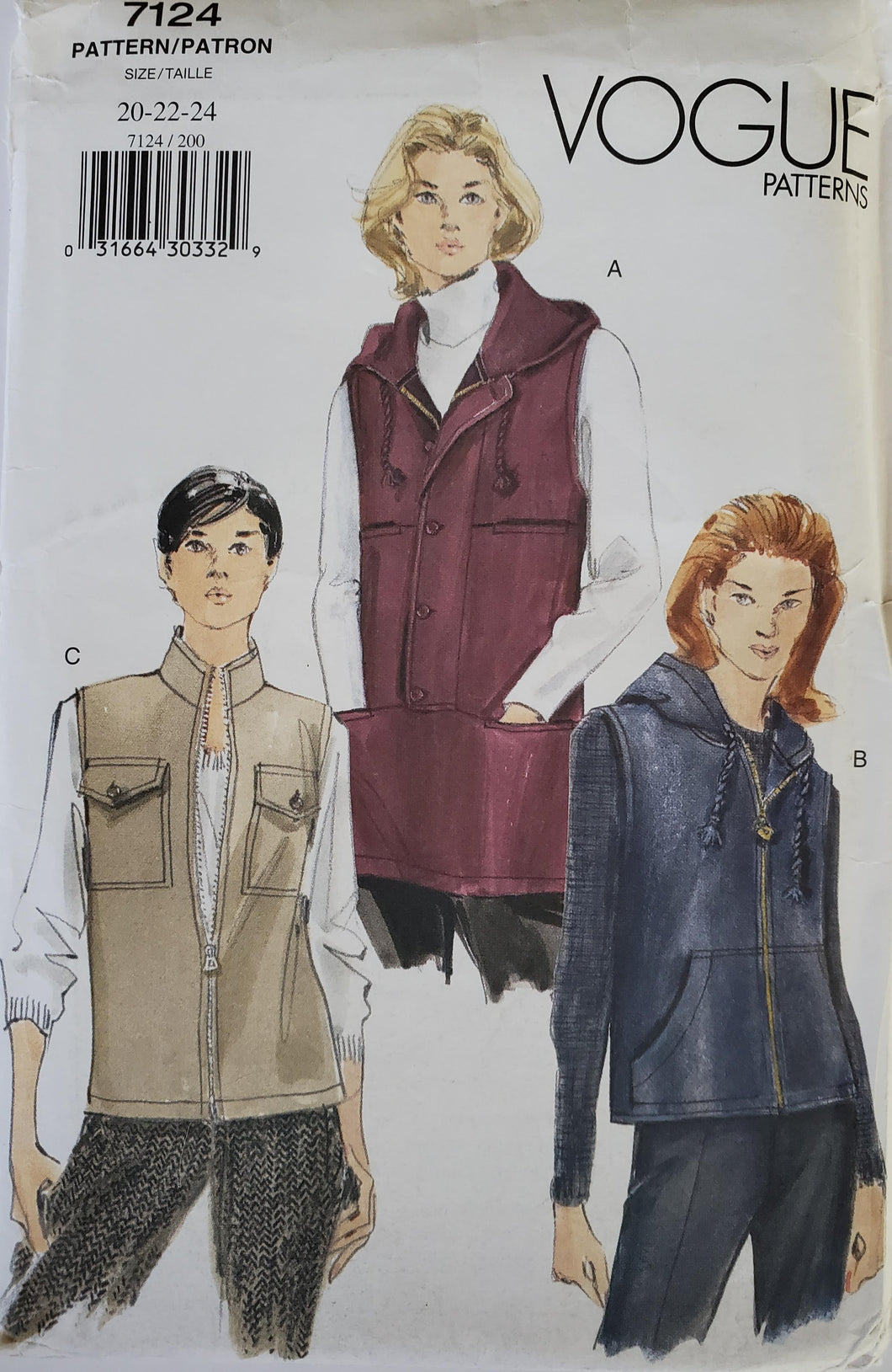 Vintage Vogue 7124, UNCUT, Vests with and without Hood, Misses Size 20-22-24